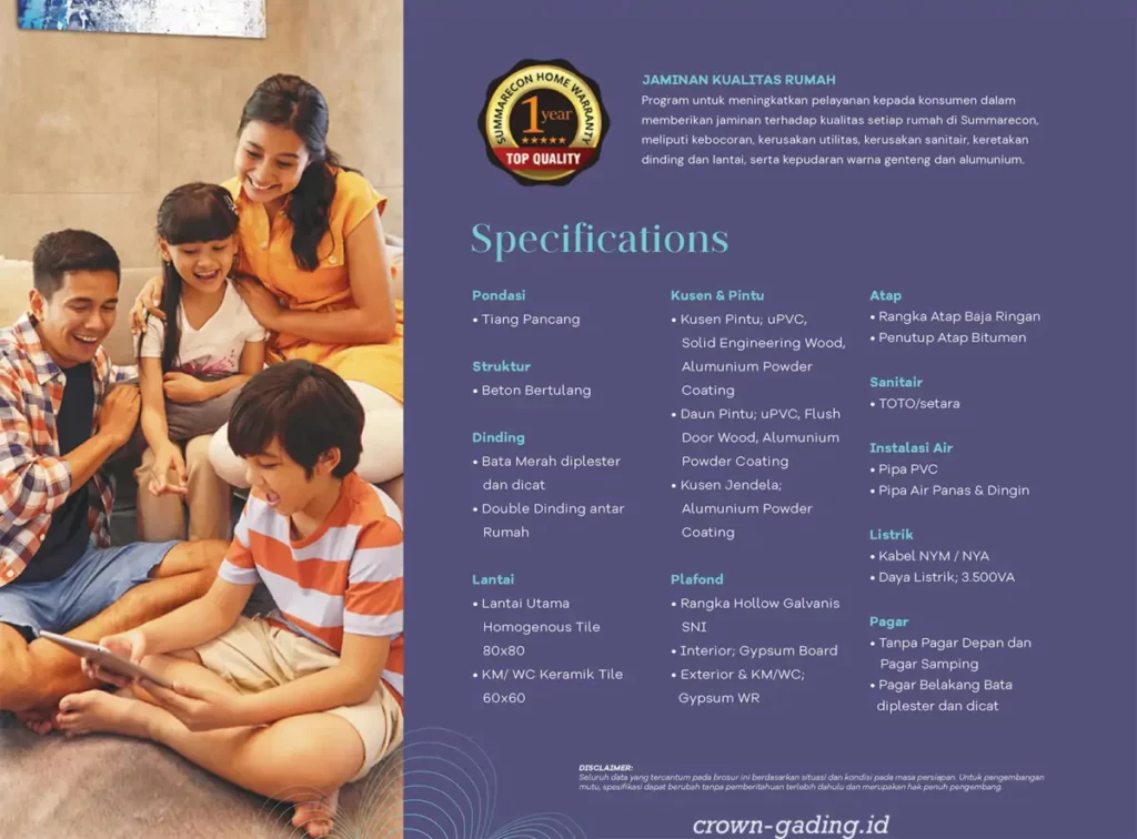 Spek Rumah Jasmia Residence Summarecon Crown Gading